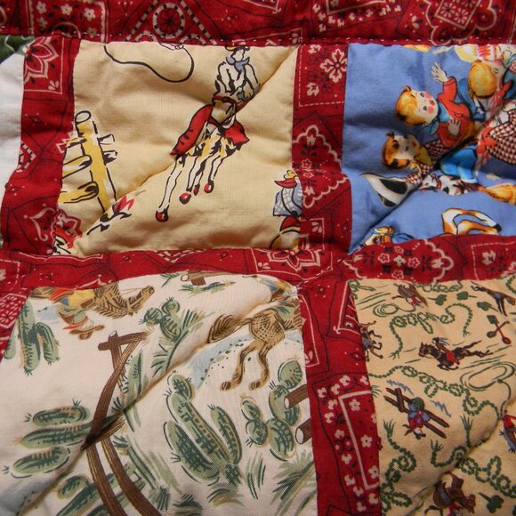 Hand Sewn Lap Quilt Cowboy Western Equestrian Baby Blanket Retro - Picture 6 of 6